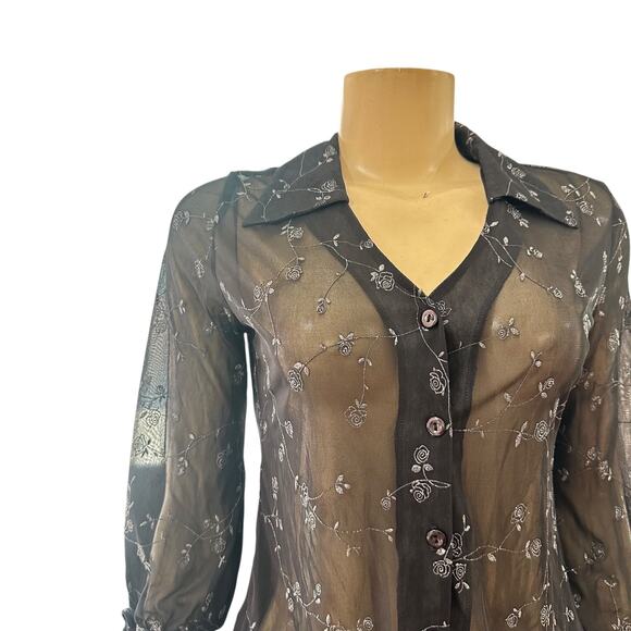 Vintage Womens Sheer Button Front Top Size L Black Y2K Whimsigoth Floral Grunge - Picture 6 of 14